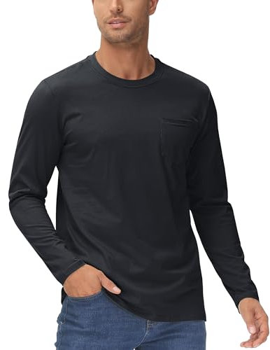 KEFITEVD Men's Long Sleeve T-Shirts Cotton Casual Lightweight Classic Fitted Crew Neck T Shirts Spring Autumn Black 3XL