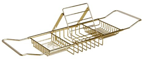 Pasdrucn Badewannenablage Edelstahl Mit Buchstütze, Ausziehbare Badewannenablage Aus Edelstahl, Badewannenablage Ausziehbar Metall, Verstellbares Edelstahl Badewannenbrett Zum Einhängen (Gold)