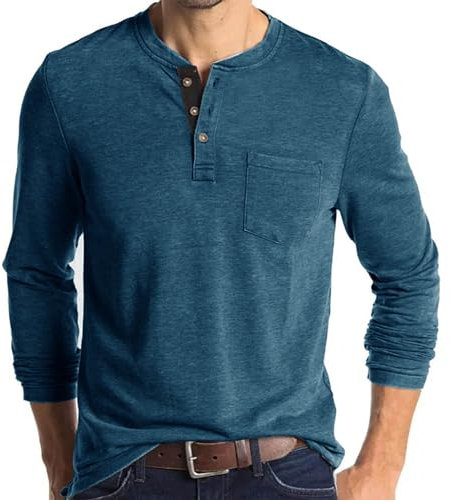 Mens Long Sleeve T Shirt 3-Button Henley Shirt Vintage Grandad T-Shirts Casual Pullover Crew Neck Tee Shirts Lightweight Cotton Long Sleeve Blouse Tops Summer Basic Tees with Pocket Regular Fit Shirts