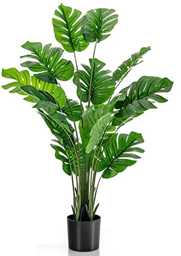 HAPPYGRILL Artificial Monstera Deliciosa Plant, 5FT Faux Plant with Cement Pot, 15 Large Leaves, Decorative Fake Greenery Plants, Indoor & Outdoor Decor for Home Office (1)