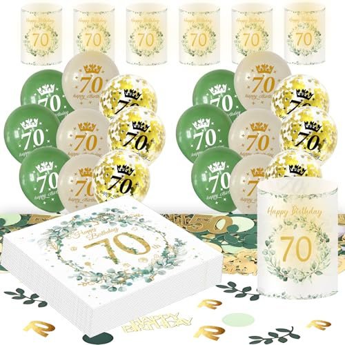 Deko 70. Geburtstag Frau Mann, Eukalyptus 70th Happy Birthday Decorations Servietten+Windlicht Tischdeko+Konfetti+Luftballon Grüne Gold, 70 Geburtstag Deko Männer Frauen (70th Birthday Tischdeko)