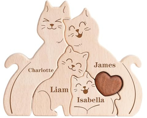 Personalisiertes Holzkunstpuzzle der Katzenfamilie mit 2-5 Namen, Name Puzzle Dekoratives Familie Geschenk, Personalisierte Geschenke zum Geburtstag, Muttertag, Vatertag, Weihnachten