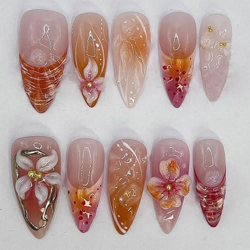 GlamRays 30 pièces stickers ongles 3D fleurs d'oranger, faux ongles french tip amande moyenne avec décoration dorée 3D, design cristal