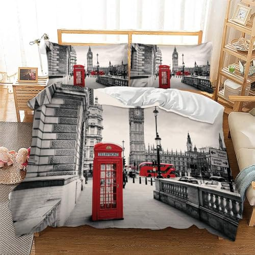 richhome Londres Parure de Lit, célèbre Ville Couverture Couette Cabine téléphonique Le Big Ben Imprimer Doux Rouge Gris Housse de Couette 220x240cm avec 2 taies d'oreiller