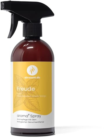 airscent.de aroma+ Freude Duftspray 500 ml – Raum- und Textilspray mit biologischem Geruchsentferner und ätherischen Ölen – Minze, Grapefruit, Limette und Orange