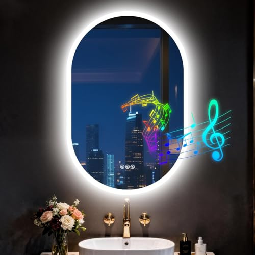 LUVODI Espejo Baño Led Bluetooth, 60x90cm Espejo Baño con Luz Ovalado, Espejos de Pared con Interruptor Táctil, Función Antivaho, luz Regulable de 3 Colores, Función de Memoria, Impermeable IP66