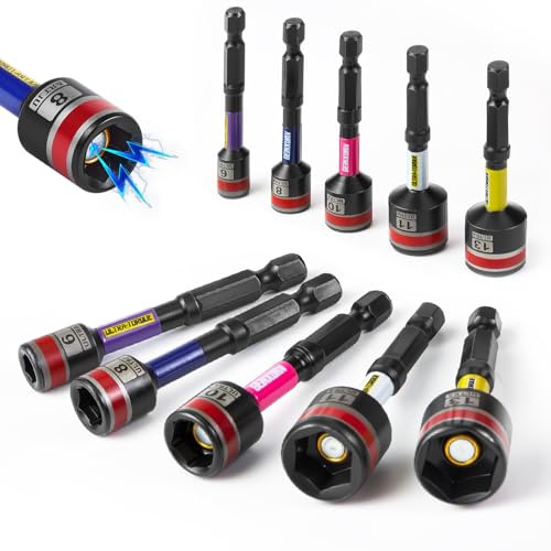 Geinxurn Impact Nut Driver Set, 10 Pieces 65mm Long Metric 6mm, 8mm, 10mm, 11mm, 13mm, Magnetic 1/4 Hex Shank Nut Setter Drill Driver Bits Cr-v Quick Change Socket Adapter for Impact Screwdriver | Metryczne (6mm, 8mm, 10mm, 11mm, 13mm), trzpień sześciokątny 1/4, Magnetyczne Nasadki Adaptera do Wkrętarki Bezprzewodowej
