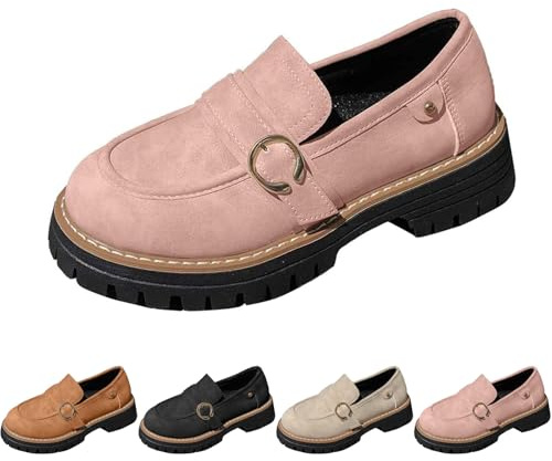 Damen Bequeme britische Stil Retro Slip-On Schuhe Frauen Plateau Loafers Wildleder Round Toe Slip On Kleid Schuhe, rose, 41 EU