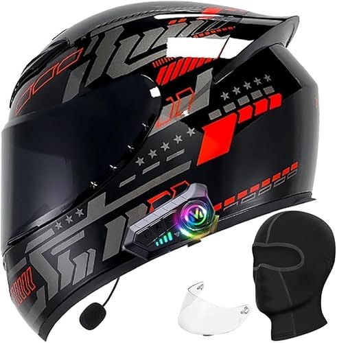 Caimcie Bluetooth Full Face Motorcycle Helmet, Integrated Bluetooth Helmet, Motorbike Full Face Flip Up Helmet for Adults Moto Street Bike Racing Helmet ECE/DOT Approved with Sun Visor B,XL=61-62cm