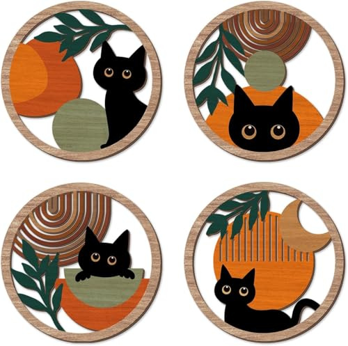 TOARTi 4 Stück Boho Wanddeko Schwarze Katze Wand deko Moderne Wanddeko Wohnzimmer 3D Runde Vintage Wanddekoration für Bauernhaus Flur Schlafzimmer Kinderzimmer Outdoor 29x29cm