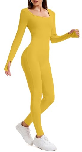 OOHOKAY Jumpsuit Damen Lang Eng Yoga Bodysuit Stretch Shape Langarm Sport Hohe Taille Overall(Gelb-C,M)