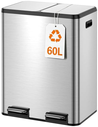 Kitchen Bin,60L Dual Rubbish Bin,2 x 30L Stainless Steel Pedal Bin,Double Bin Recycling with Soft-Close Lids and Plastic Inner Buckets,Fingerprint Proof,Odour Seal,Large Capacity, Matte Silver