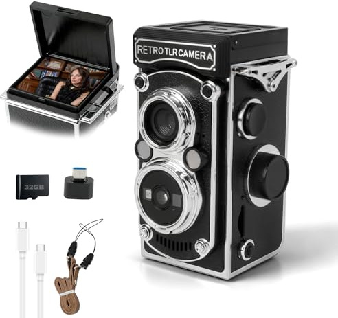 Retro Mini Digital Camera, 1080P FHD Video 48MP Retro Digital Twin-Lens Camera, 1.54 Portable Mini Camera with Black & White Filter 32GB Card for Beginners Teens Boys Girls (Black)