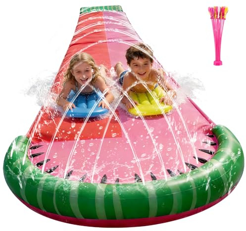 Wasserrutsche Garten für Kinder, 480 x 140cm Doppel Wasserrutschbahn mit 2 Bodyboards und Wasserball Rasen Wasserrutschmatte mit Sprinkler Wasser Rutschbahn für Sommer Garten Pool Outdoor
