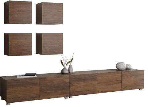 Mirjan24 Wohnwand Calabrini XVIII, Anbauwand, Mediawand, 2X TV Lowboard, 4X Hängeschrank, Fernsehschrank, Wohnzimmerschrank (Nuss Warmia)