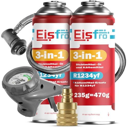 Eisfro - 3in1 R1234yf Klimaanlage Nachfüllen – 2 x 235 g mit Füllschlauch und YF Adapter – Auto Klimaanlage – Auto Klimaanlage Nachfüllen – 3in1 R1234yf Gas – Gas Kartusche – ECO