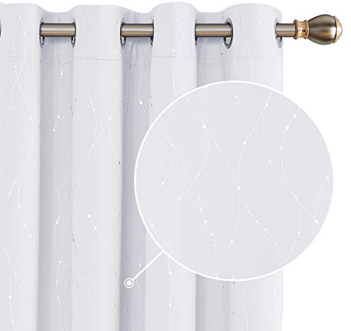 Deconovo Super Soft Dot Line Foil Printed Blackout Curtains Window Treatment Eyelet Curtains for Living Room 46 x 72 Inch Greyish White 2 Panels