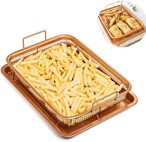 2 Pack Copper Baking Tray Air Fryer - Deluxe Multi-Purpose Copper Crisper Chef Pan Sheet with Non Stick Mesh Grill Crisper Tray - Oven Safe Non-Stick Square Pan Design by MareLight