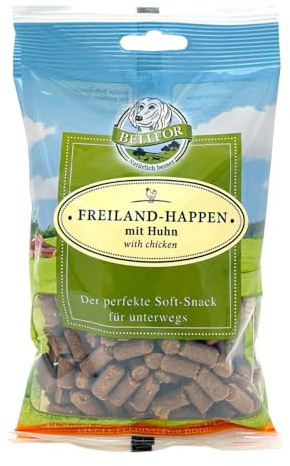 Bellfor Freiland-Happen getreidefreie Soft-Snack für Hunde mit hoher Verdaulichkeit ohne tierische Nebenerzeugnisse. Soft-Leckerli für Hundetraining 200 g (Huhn)