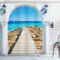 ABAKUHAUS Küsten Duschvorhang, Meer mit einem Quay Coast, Stoffliches Gewebe Badezimmerdekorationsset mit Haken, 175 x 200 cm, Aqua Creme Blau