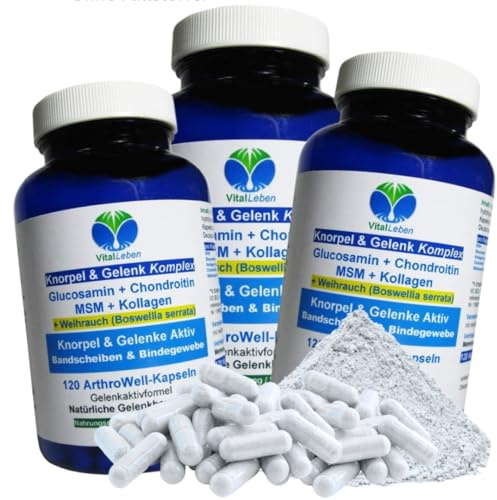Knorpelaufbau KNORPEL & GELENKE Komplex 360 (3x120) Kapseln - ArthroWell TOP-5 Gelenkbausteine Gelenkkapseln mit Glucosamin, Chondroitin, MSM, Kollagen, Weihrauch. OHNE ZUSATZSTOFFE 26444-3