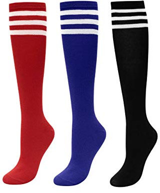 CHIC DIARY Kniestrümpfe Damen Mädchen Fußball Sport Socken College Cheerleader Kostüm Strümpfe Cosplay Streifen Strumpf, 3 Paar(rot+blau+schwarz), Einheitsgröße