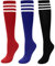 CHIC DIARY Kniestrümpfe Damen Mädchen Fußball Sport Socken College Cheerleader Kostüm Strümpfe Cosplay Streifen Strumpf, 3 Paar(rot+blau+schwarz), Einheitsgröße