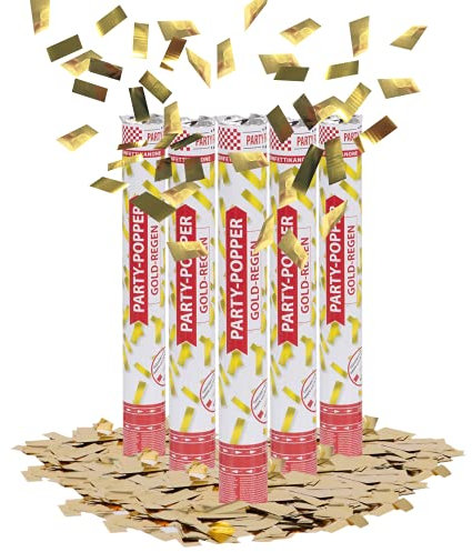 Party Factory 5er Set Party Popper, 40 cm, Gold Konfetti, bis 8 m Effekthöhe, Konfettiregen für Hochzeit, Geburtstag oder Silvester