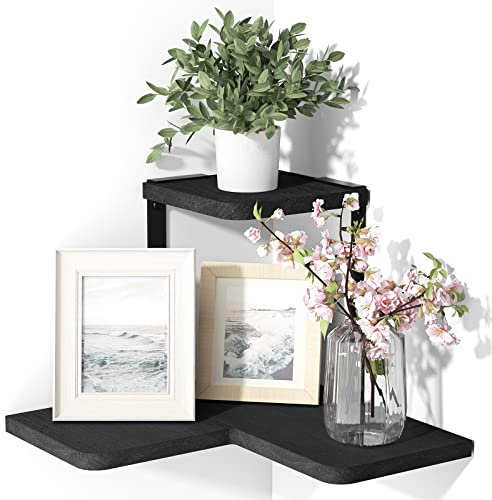 SRIWATANA Corner Shelves, 2 Tier Floating Shelves Wall Mounted, Rustic Wood Wall Shelves for Bedroom, Living Room, Bathroom, Kitchen, Office, Black
