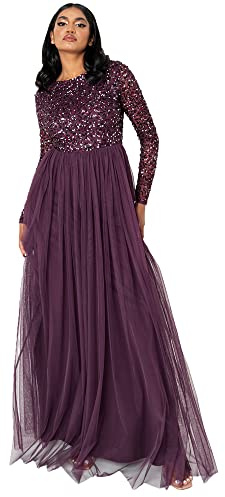 Maya Deluxe Women's Maya Deluxe Women's Maya Embellished Long Sleeve Maxi Bridesmaid Dress, Berry, 12 UK