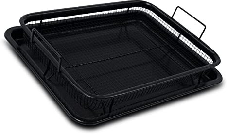 Durastone Family Size Crisper - 2-Piece Non-Stick Oven Tray Set with Crisper Basket - Black