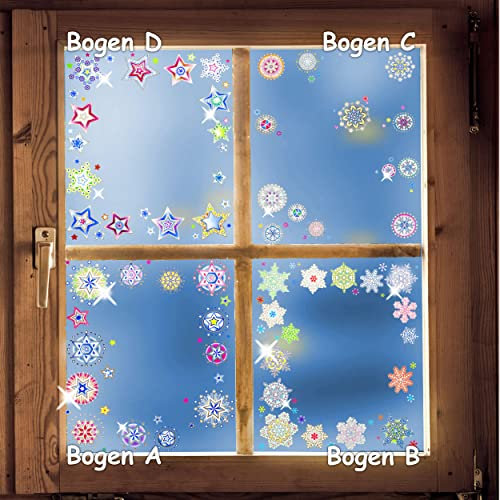 1 Bogen - große Fenstersticker - Motivwahl - 3D Glitzer & Glimmer - Schneeflocken & bunte Sterne - statisch - selbstklebend - wiederverwendbar/Fensterbilder..