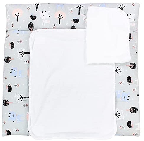 TupTam Wickelauflage mit 2 wasserfesten Frotteebezügen – weich gepolstert & hautfreundlich MAR02579, Farbe: Rehe/Igel/Grau, Größe: 70 x 70 cm