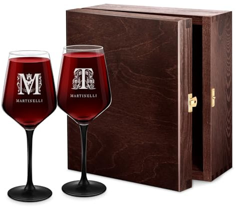 Maverton 2 Calici da vino Rubino - incisione personalizzata - 300 ml - con gambo nero - pensiero speciale per nozze - adatti per vino secco e dolce - unici per coppia - art decò