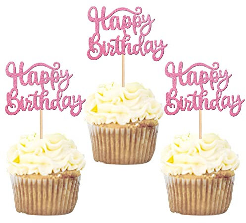 SYKYCTCY 36 Pack Happy Birthday Cupcake Toppers Glitter Celebrating Birthday Cupcake Picks Baby Shower Kids Birthday Anniversary Party Cake Decorations Supplies Pink, UKTC-188-Pink