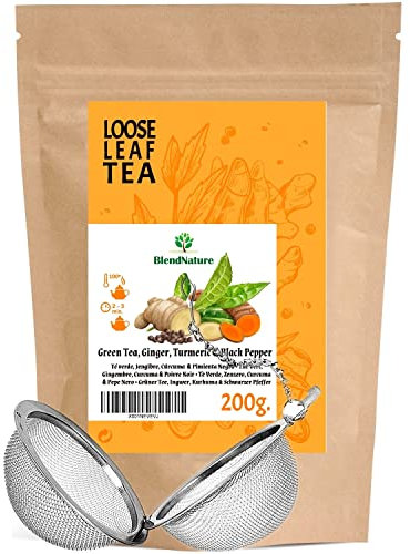 Tè Verde con Zenzero-Curcuma e Pepe per Tisana 200g + Sfera Infusore in Acciaio Inox Regalo - Ideale per Tè DETOX Purificante Diuretico e Antiossidante - 100% Naturale e Vegano
