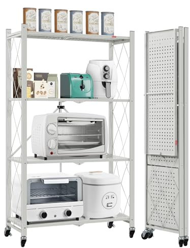 DEANIC 4 Etagen Klappregal Schwerlastregal,Haushaltsregal Standregal Klappbares Küchenregal mit Rollen,71 x 34 x 127cm Metallregal Schwarz,Bücherschrank Kostenlose Installation Wohnzimmer(Grau)