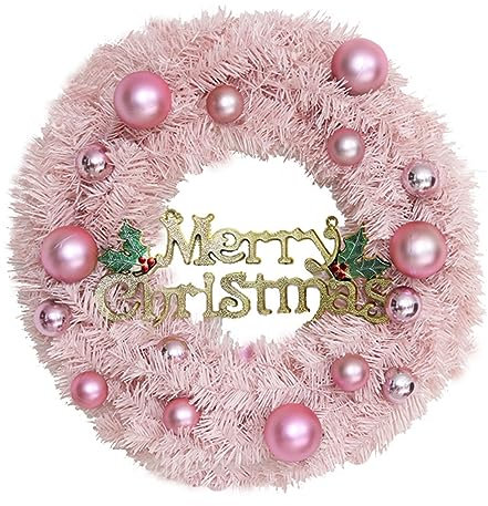 Pinker Weihnachtskranz, Weihnachtsgirlande, Urlaubskranz mit Frohe Weihnachten-Schild, Weihnachtskugeln, Kranz, Weihnachtskränze hängende Ornamente für Haustür, Kamin, Wand, Fenster, Urlaubsdekoration