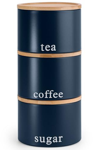 EHC Tea, Coffee, Sugar, Canister Set, Set of 3 Stackable Airtight Food Storage Easy to Open Storage Canisters Jars Tin, Navy Blue