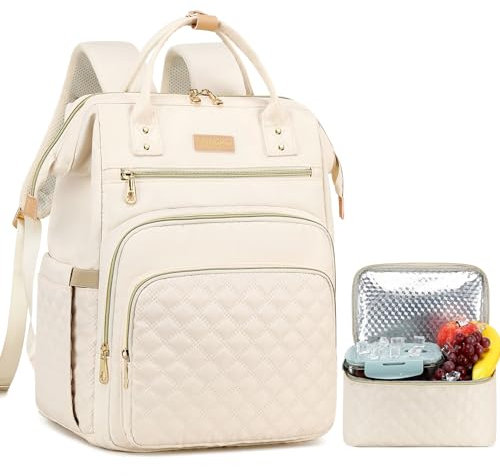 AIJIEKE Sac à dos pour ordinateur portable de 15,6 avec sac à déjeuner, sac à dos glacière pour femme, sac à dos avec compartiment pour boîte à déjeuner, beige, 12.2 x 9.2 x 17.2 inches (Backpack
