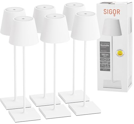 SIGOR Nuindie 2.0 Akku-Tischlampe, 6er-Set, schneeweiß | Dimmbar • Indoor & Outdoor • IP54 • 38 cm • USB-C • 12 h Leuchtdauer