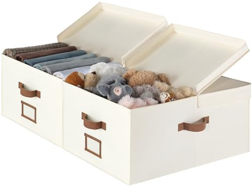 StorageWorks extra großer Aufbewahrungskorb mit Deckel, 55‑Liter-weiße Stoffbox mit Deckel, faltbare Schrank Aufbewahrungsboxen mit doppelt offenem Deckel und Trennbrett, Elfenbeinweiß, 2 Stück