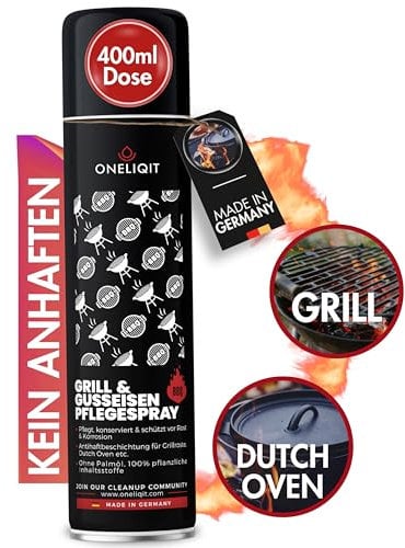 ONELIQIT® Grill & Gusseisen Pflegespray 400ml, Grill Spray mit Antihaftfunktion verhindert Anhaften des Grillguts, Non Stick Spray für die Pflege von Grillrost, Dutch Oven, Pfannen