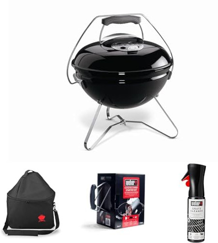 Weber Smokey Joe Premium Barbacoa de Carbón, Negro, 1121004 + Bolsa de transporte para Smokey Joe Premium + Set Chimenea con Briquetas Encendido Blancas + Producto de Limpieza para Parrilla y Horno