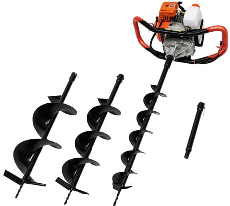 Trapano a benzina 52 CC a 2 tempi, 2,4 cps, set di punte per trapano a terra, trapano a terra per benzina, da giardino, sistema di raffreddamento ad aria, con 3 punte e 1 prolunghe