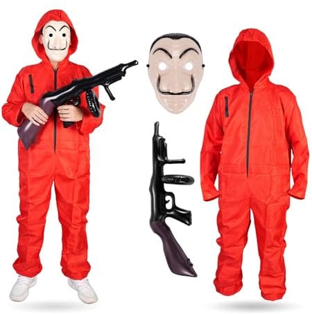 3 Teilig Haus des Geldes Kostüm Set - mit Dali Maske, aufblasbares Gewehr, Einheitsgröße Overall rot - für Erwachsene Unisex für Fasching & Halloween (160-180cm)