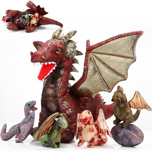 Harrycle 7 Stück Stofftier Drachen Spielzeugset 40cm Großes Drache Kuscheltier mit 4 Baby-Plüschdrachen und 2 Eiern im Bauch Der Drachenmama Geburtstagsgeschenke für Teenager(Retro Stil)