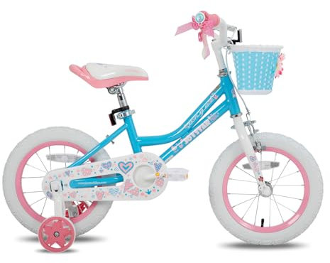 JOYSTAR 14 Zoll Kinderfahrrad für 3-5 Jahre alte Mädchen, 14 Zoll Mädchenfahrrad mit Stützrädern und Korb,Blau