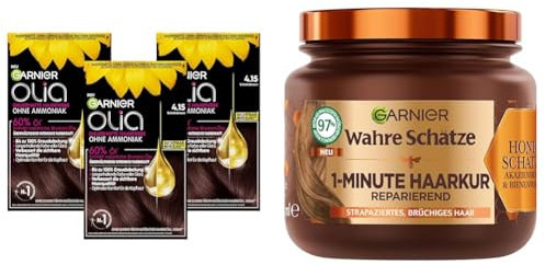Garnier Colorations- & Pflege-Set: Olia Haarfarbe 4.15 Schokobraun (3er Pack) + Wahre Schätze Reparatur-Kur (340ml), strapaziertes Haar, Honig & Bienenwachs, Ammoniakfreie Coloration