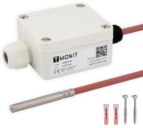 Tmonit - PT1000 Temperaturfühler, 0-10V oder 4-20 mA, -50 bis 200 °C, IP65 strahlwassergeschützt, Strom- oder Spannungsausgang, Silikon-Leitung - für HLK & Industrie (4-20 mA, 10m Silikon-Leitung)